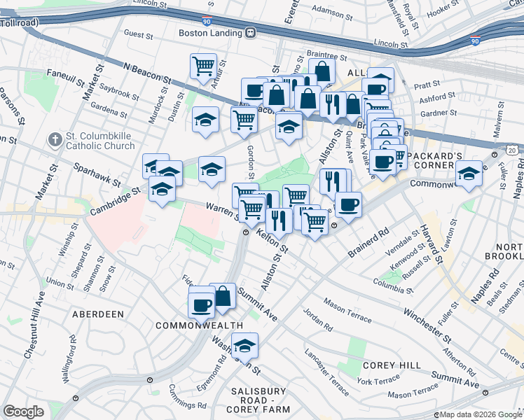 map of restaurants, bars, coffee shops, grocery stores, and more near 1411 Commonwealth Avenue in Boston