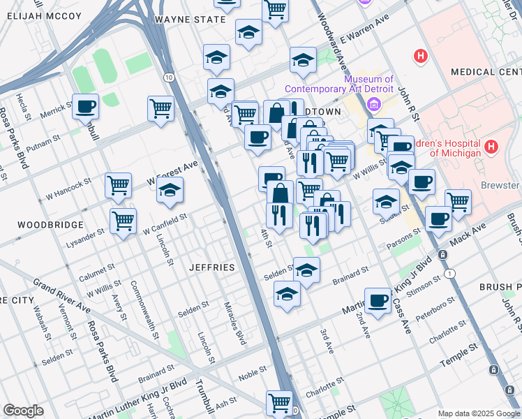 map of restaurants, bars, coffee shops, grocery stores, and more near 4255 3rd Avenue in Detroit