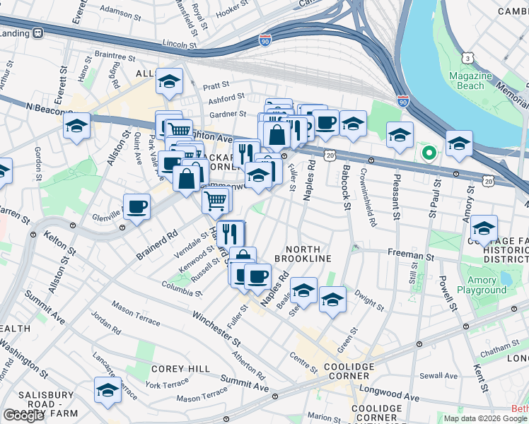 map of restaurants, bars, coffee shops, grocery stores, and more near 154 Thorndike Street in Brookline