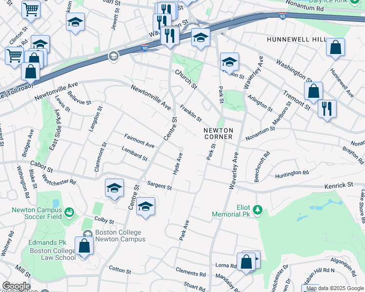 map of restaurants, bars, coffee shops, grocery stores, and more near 30 Hyde Avenue in Newton