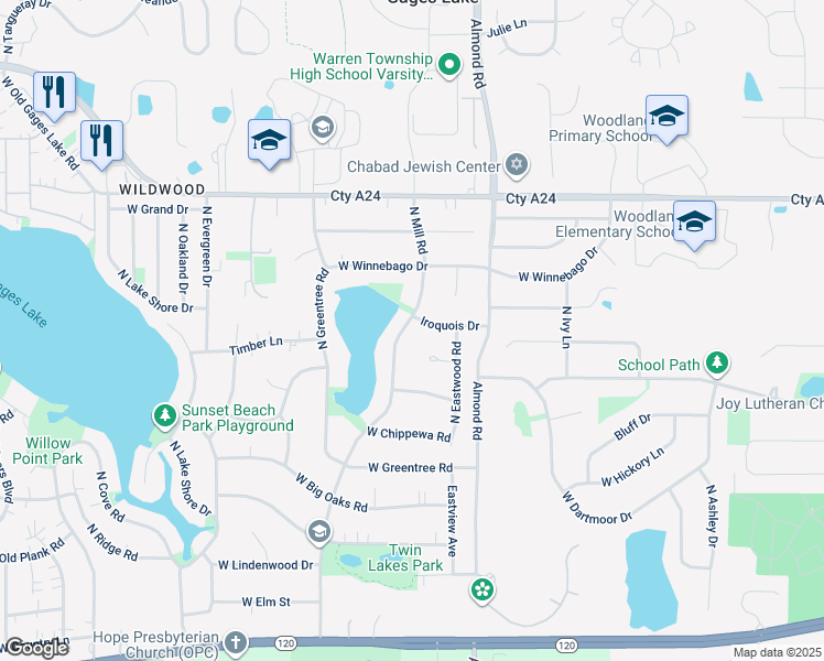 map of restaurants, bars, coffee shops, grocery stores, and more near 33491 North Mill Road in Grayslake