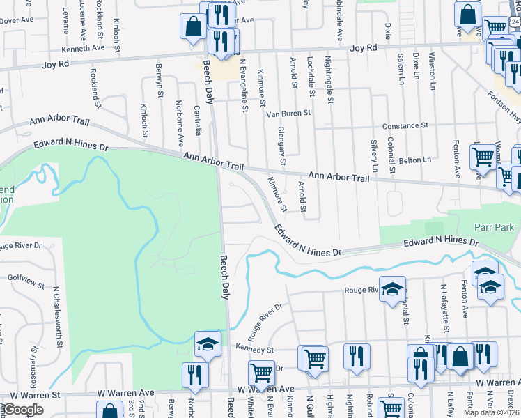 map of restaurants, bars, coffee shops, grocery stores, and more near 8135 Kinmore Street in Dearborn Heights
