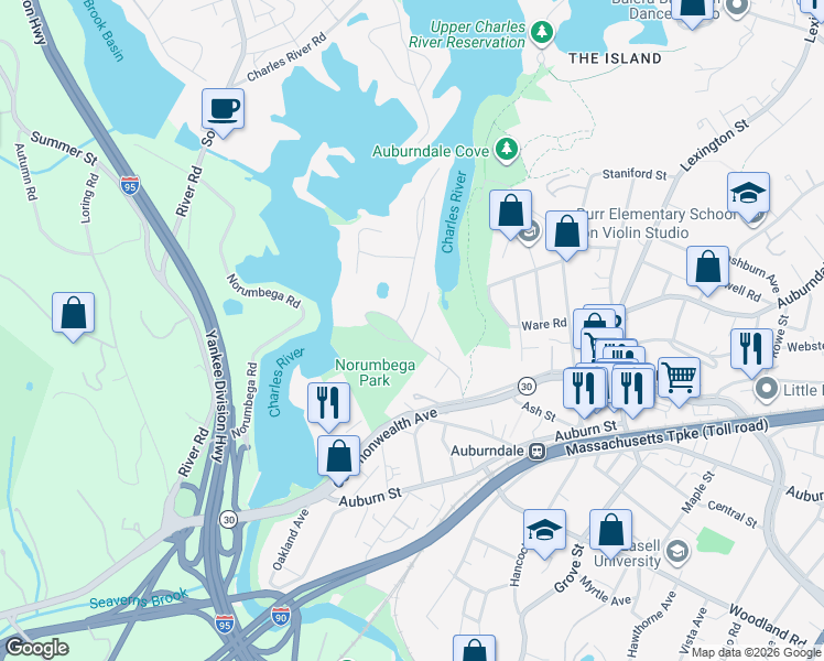 map of restaurants, bars, coffee shops, grocery stores, and more near 17 Duffield Road in Newton