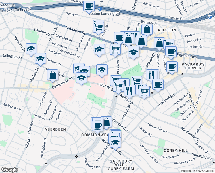 map of restaurants, bars, coffee shops, grocery stores, and more near 98-100 Warren Street in Boston