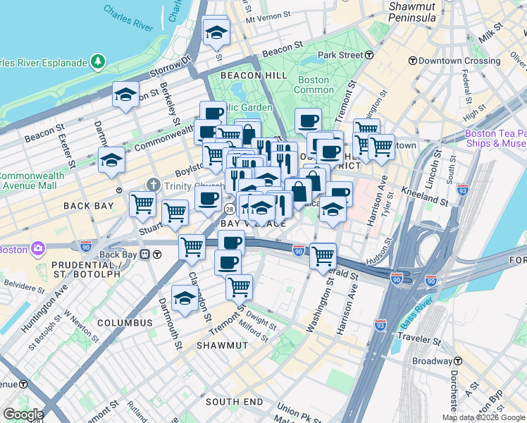 map of restaurants, bars, coffee shops, grocery stores, and more near 34-38 Winchester Street in Boston