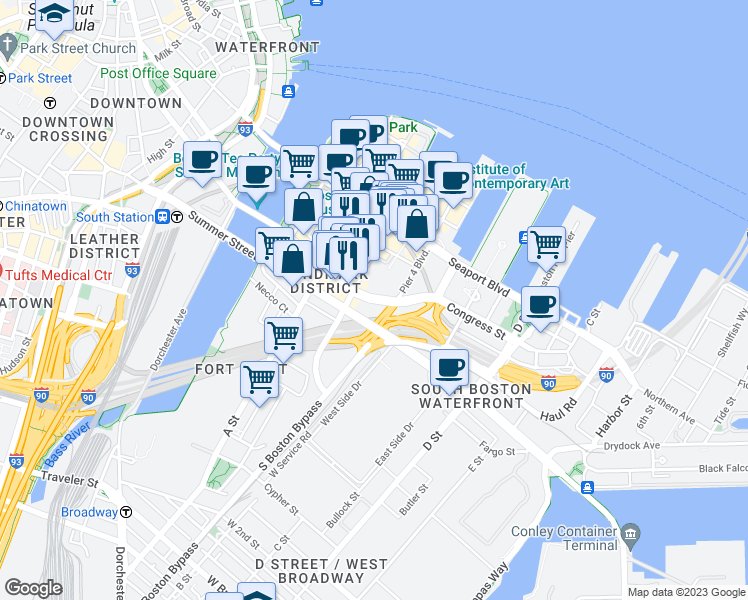 map of restaurants, bars, coffee shops, grocery stores, and more near 391 Congress Street in Boston