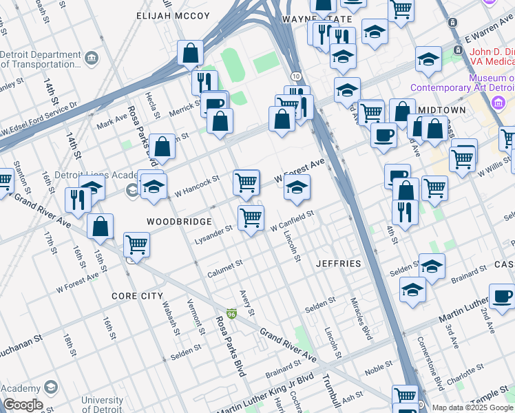 map of restaurants, bars, coffee shops, grocery stores, and more near 4500 Trumbull in Detroit