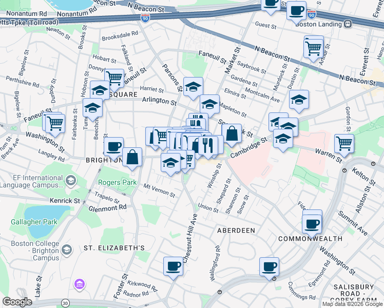 map of restaurants, bars, coffee shops, grocery stores, and more near 8 Waldo Terrace in Boston