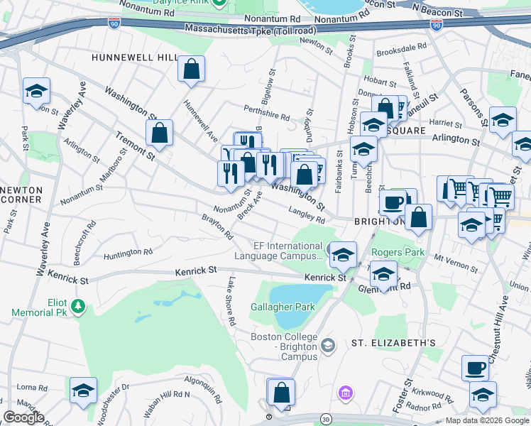 map of restaurants, bars, coffee shops, grocery stores, and more near 18 North Crescent Circuit in Boston