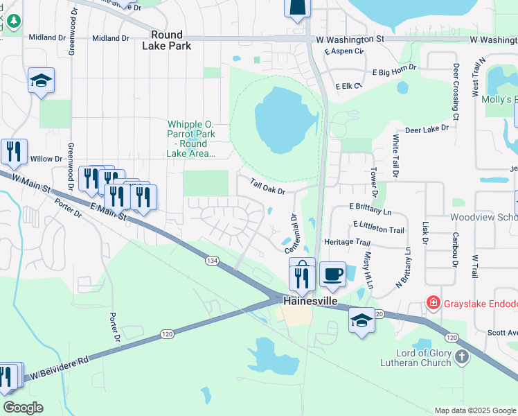 map of restaurants, bars, coffee shops, grocery stores, and more near 625 Cranberry Lake Drive in Hainesville