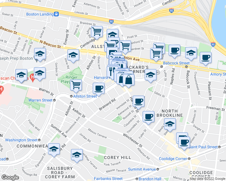map of restaurants, bars, coffee shops, grocery stores, and more near 1254 Commonwealth Avenue in Boston