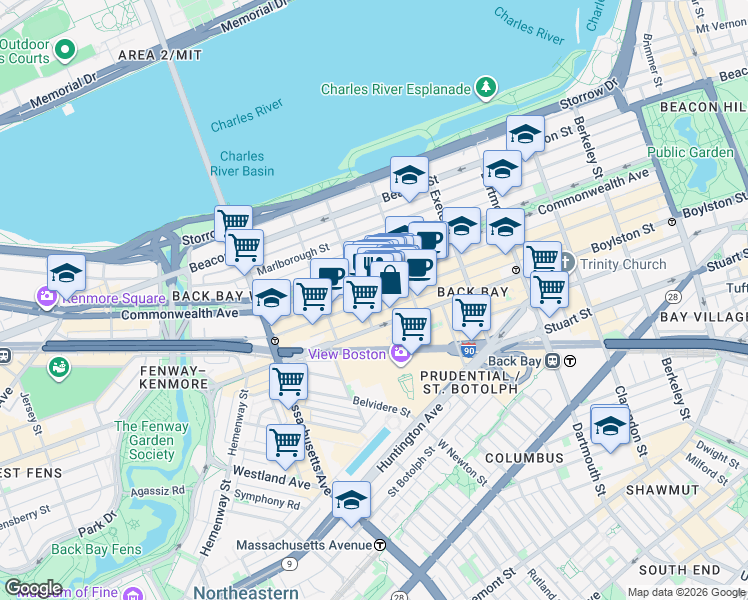 map of restaurants, bars, coffee shops, grocery stores, and more near Newbury Street in Boston