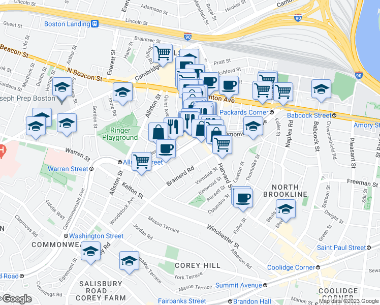 map of restaurants, bars, coffee shops, grocery stores, and more near 1254 Commonwealth Avenue in Boston