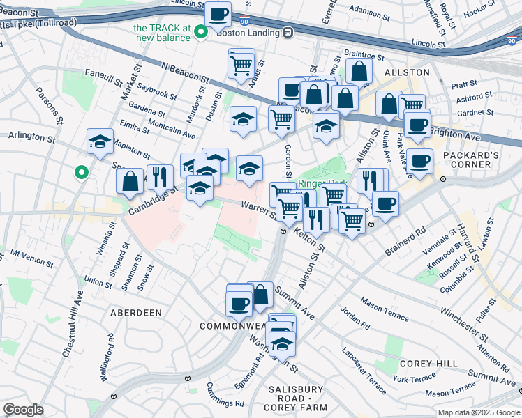 map of restaurants, bars, coffee shops, grocery stores, and more near 98-100 Warren Street in Boston