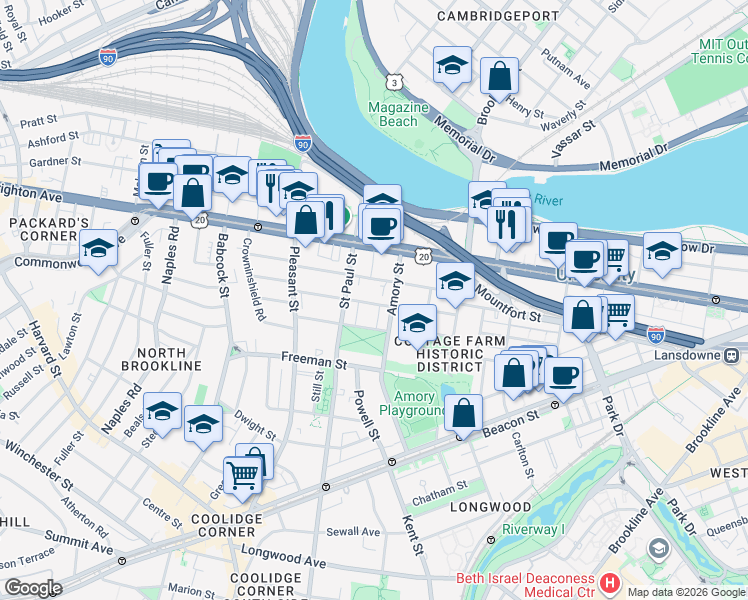 map of restaurants, bars, coffee shops, grocery stores, and more near 15 Egmont Street in Brookline