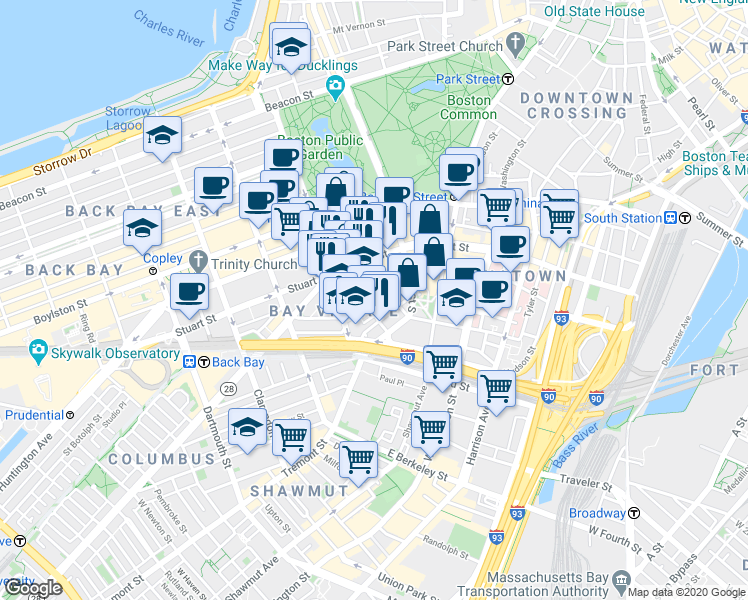 map of restaurants, bars, coffee shops, grocery stores, and more near 34-38 Winchester Street in Boston