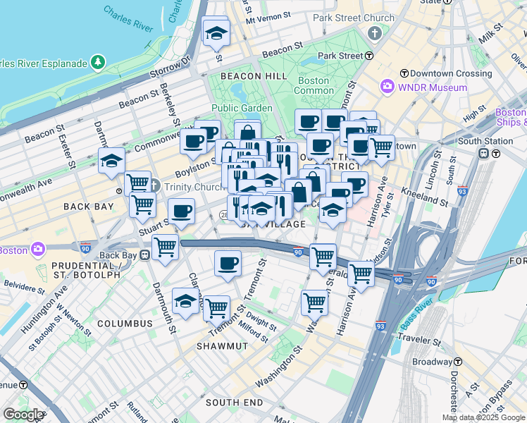 map of restaurants, bars, coffee shops, grocery stores, and more near 34-38 Winchester Street in Boston