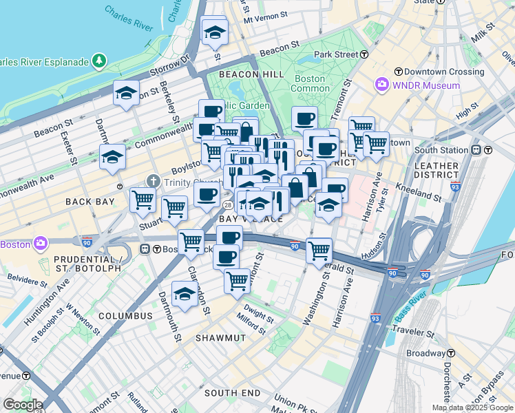 map of restaurants, bars, coffee shops, grocery stores, and more near 34-38 Winchester Street in Boston
