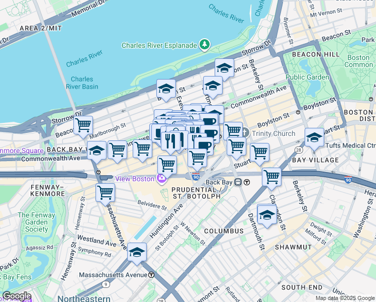 map of restaurants, bars, coffee shops, grocery stores, and more near 754 Boylston Street in Boston