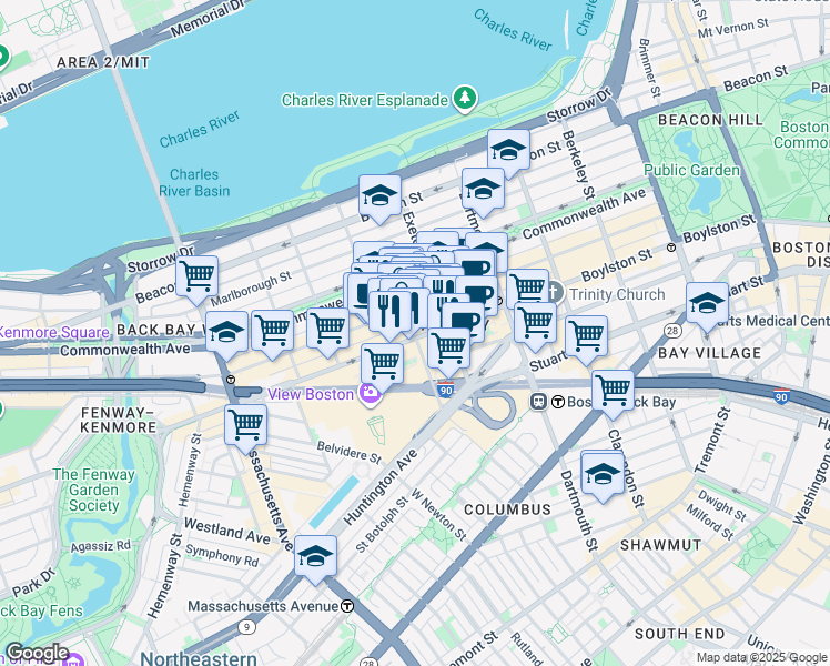 map of restaurants, bars, coffee shops, grocery stores, and more near 754 Boylston Street in Boston