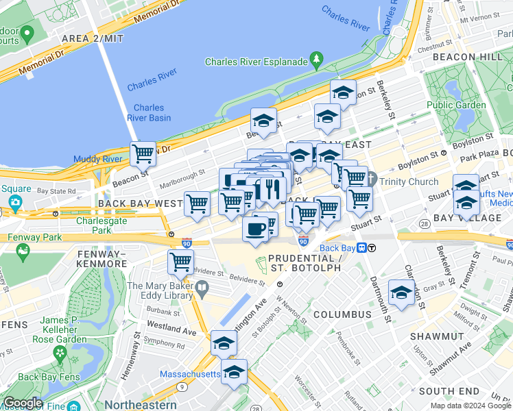 map of restaurants, bars, coffee shops, grocery stores, and more near 219 Newbury Street in Boston