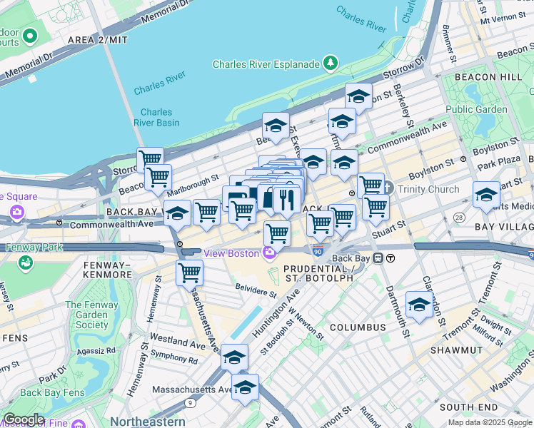 map of restaurants, bars, coffee shops, grocery stores, and more near 219 Newbury Street in Boston