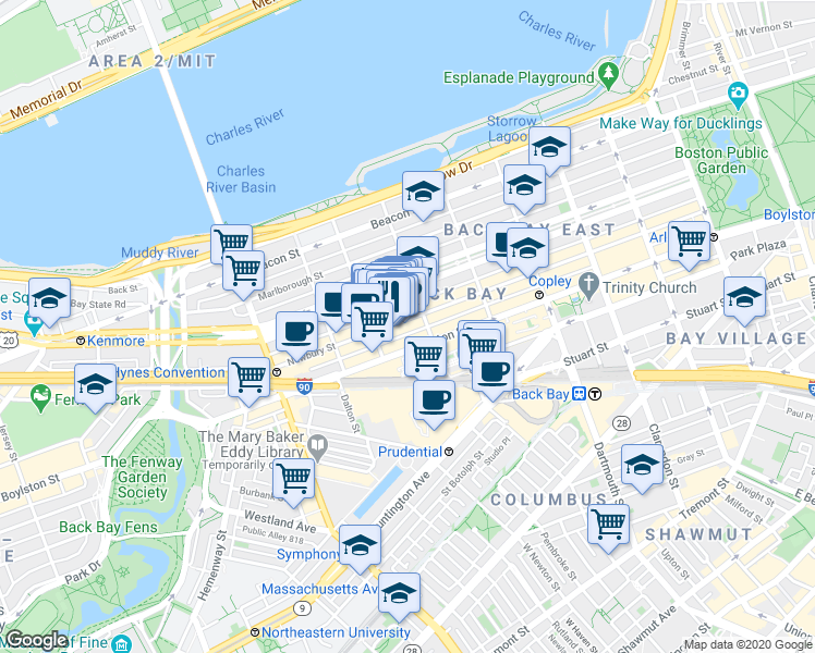 map of restaurants, bars, coffee shops, grocery stores, and more near in Boston