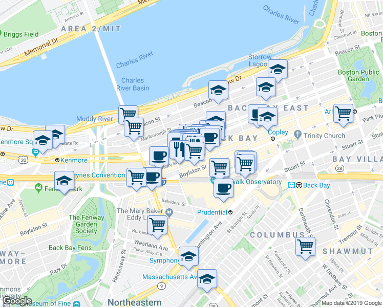 map of restaurants, bars, coffee shops, grocery stores, and more near 296 Commonwealth Avenue in Boston