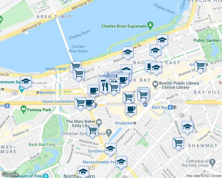map of restaurants, bars, coffee shops, grocery stores, and more near 296 Commonwealth Avenue in Boston