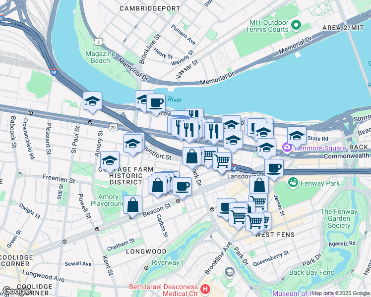 map of restaurants, bars, coffee shops, grocery stores, and more near 728 Commonwealth Avenue in Boston