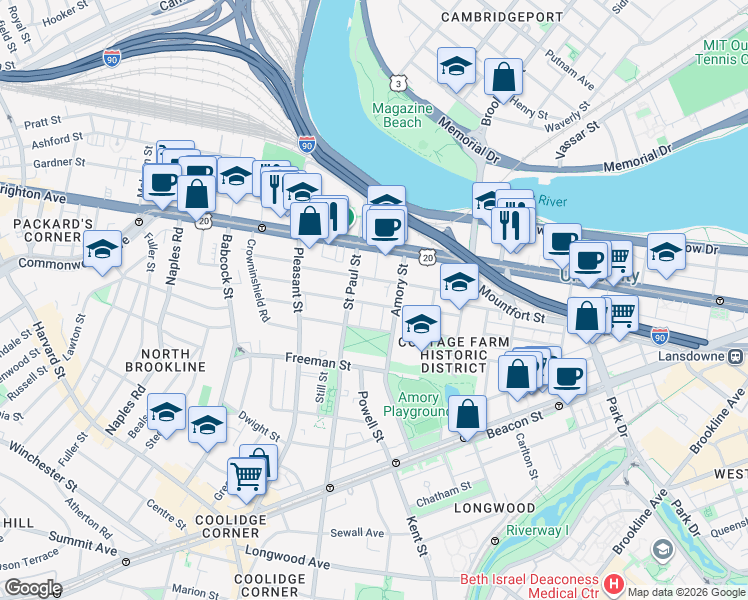 map of restaurants, bars, coffee shops, grocery stores, and more near 15 Egmont Street in Brookline