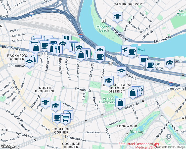 map of restaurants, bars, coffee shops, grocery stores, and more near 49 Egmont Street in Brookline