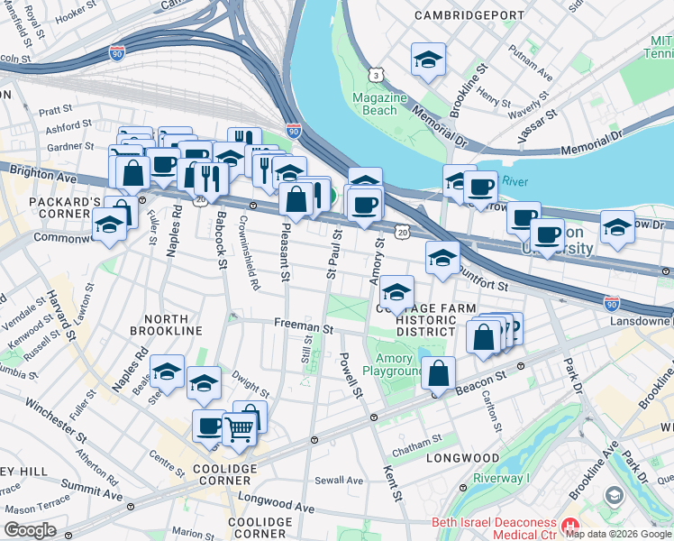 map of restaurants, bars, coffee shops, grocery stores, and more near 49 Egmont Street in Brookline