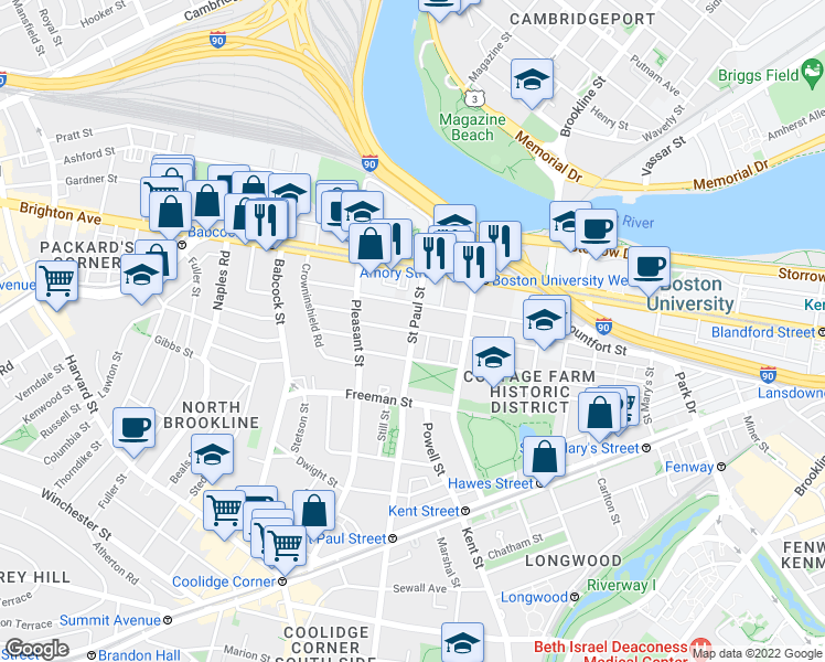 map of restaurants, bars, coffee shops, grocery stores, and more near 49 Egmont Street in Brookline