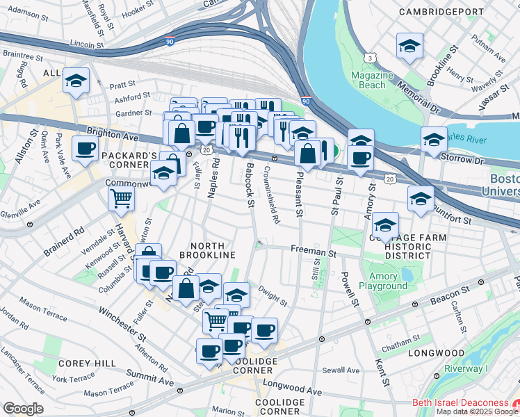 map of restaurants, bars, coffee shops, grocery stores, and more near 187 Babcock Street in Brookline