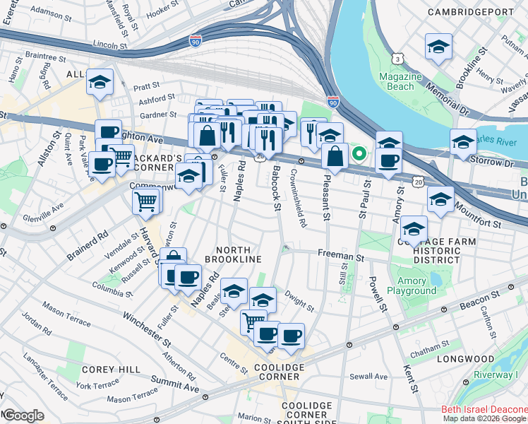 map of restaurants, bars, coffee shops, grocery stores, and more near 27 Osborne Road in Brookline
