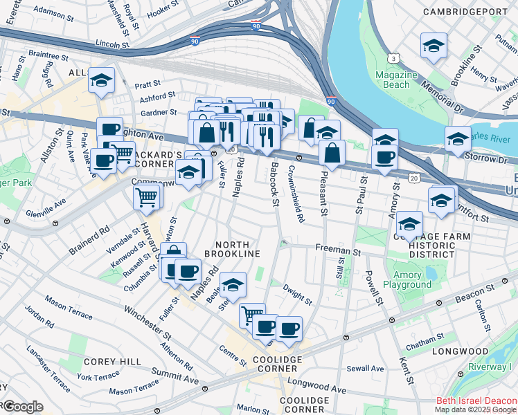 map of restaurants, bars, coffee shops, grocery stores, and more near 27 Osborne Road in Brookline