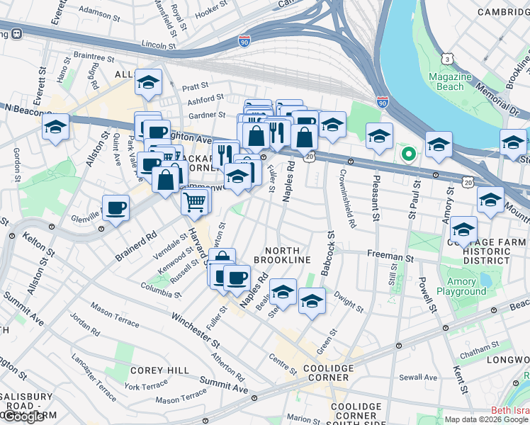 map of restaurants, bars, coffee shops, grocery stores, and more near 168 Coolidge Street in Brookline