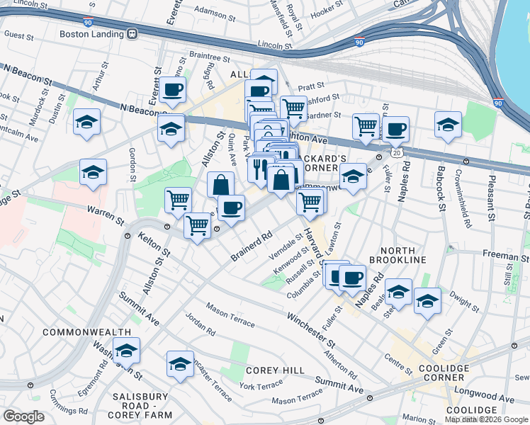 map of restaurants, bars, coffee shops, grocery stores, and more near 1254 Commonwealth Avenue in Boston