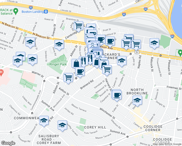map of restaurants, bars, coffee shops, grocery stores, and more near 1254 Commonwealth Avenue in Boston