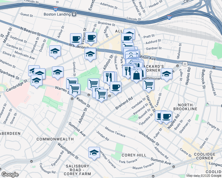 map of restaurants, bars, coffee shops, grocery stores, and more near 66 Glenville Avenue in Boston