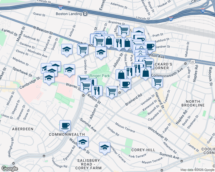 map of restaurants, bars, coffee shops, grocery stores, and more near 139 Glenville Avenue in Boston