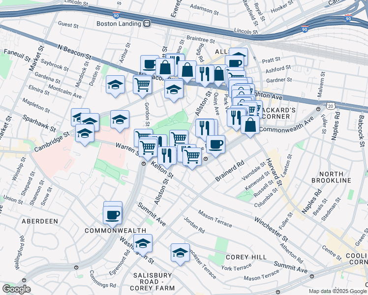 map of restaurants, bars, coffee shops, grocery stores, and more near 139 Glenville Avenue in Boston