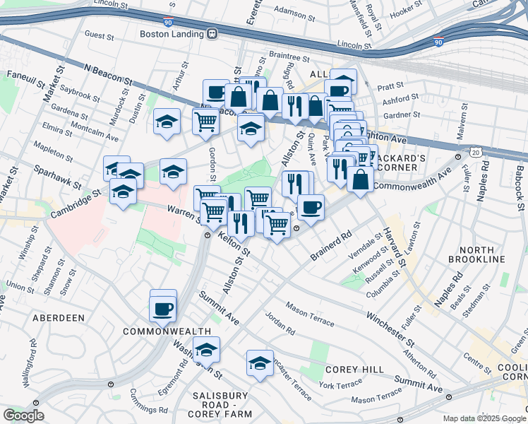 map of restaurants, bars, coffee shops, grocery stores, and more near 139 Glenville Avenue in Boston