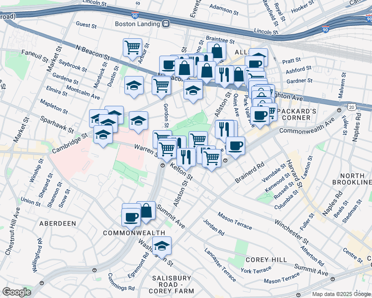 map of restaurants, bars, coffee shops, grocery stores, and more near 1411 Commonwealth Avenue in Boston
