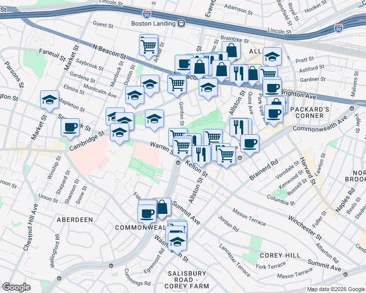 map of restaurants, bars, coffee shops, grocery stores, and more near 103 Gordon Street in Boston