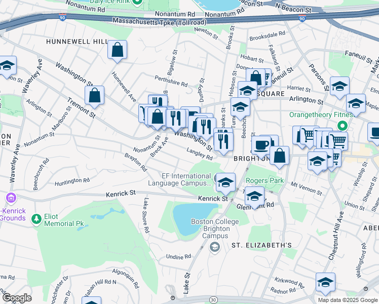 map of restaurants, bars, coffee shops, grocery stores, and more near 50 Langley Road in Boston