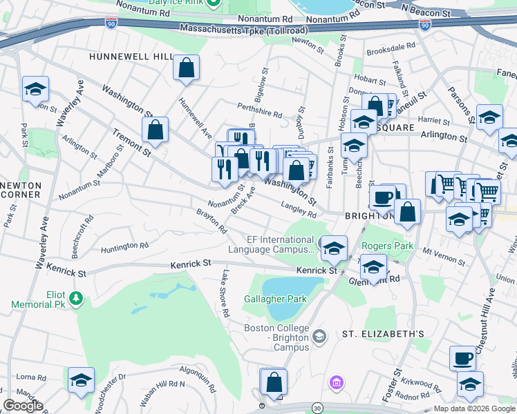 map of restaurants, bars, coffee shops, grocery stores, and more near 18 North Crescent Circuit in Boston