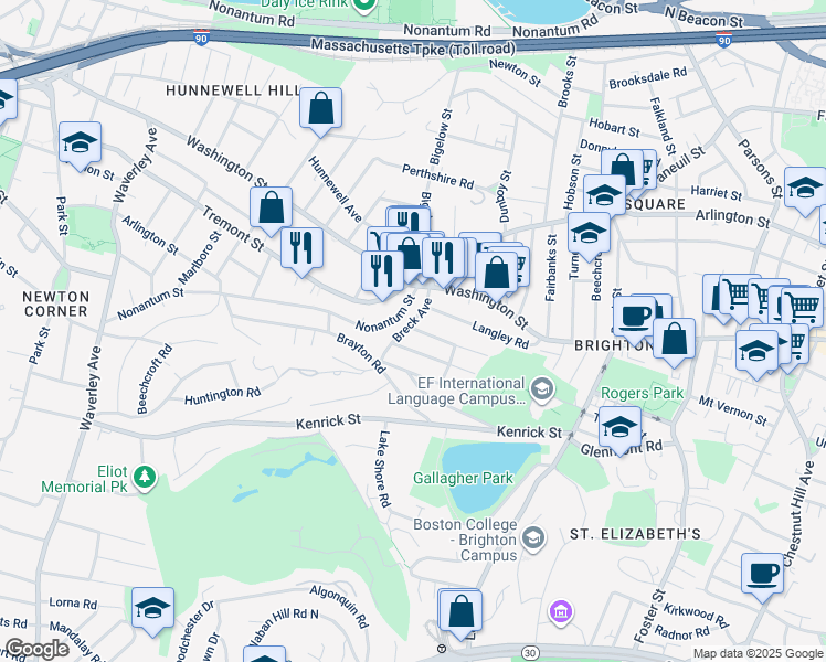 map of restaurants, bars, coffee shops, grocery stores, and more near 32 Nonantum Street in Boston