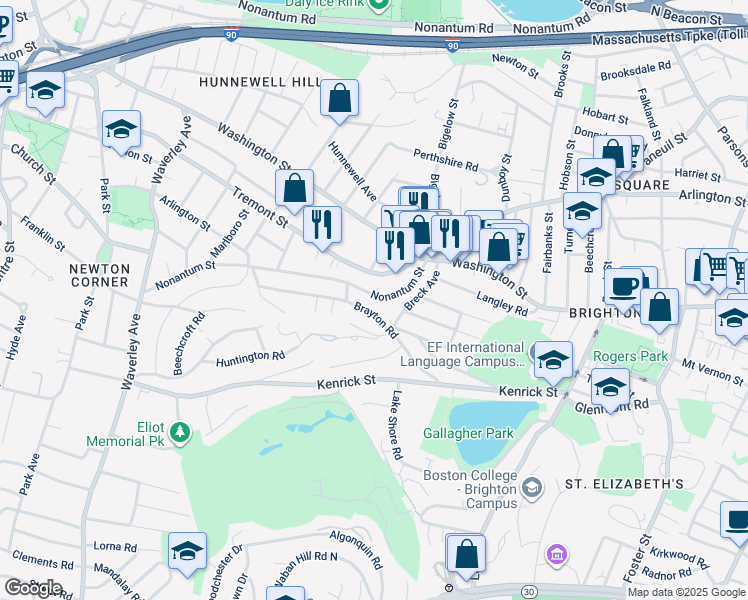 map of restaurants, bars, coffee shops, grocery stores, and more near 73 A Nonantum Street in Boston